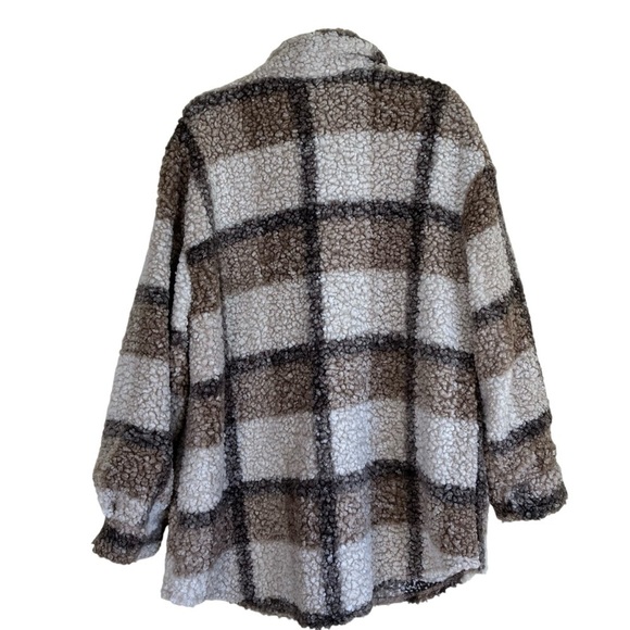 SHEIN CURVE LUNE Plus Plaid Pattern Drop Shoulder Teddy Coat Tan Cream Sz 2X - Picture 12 of 16